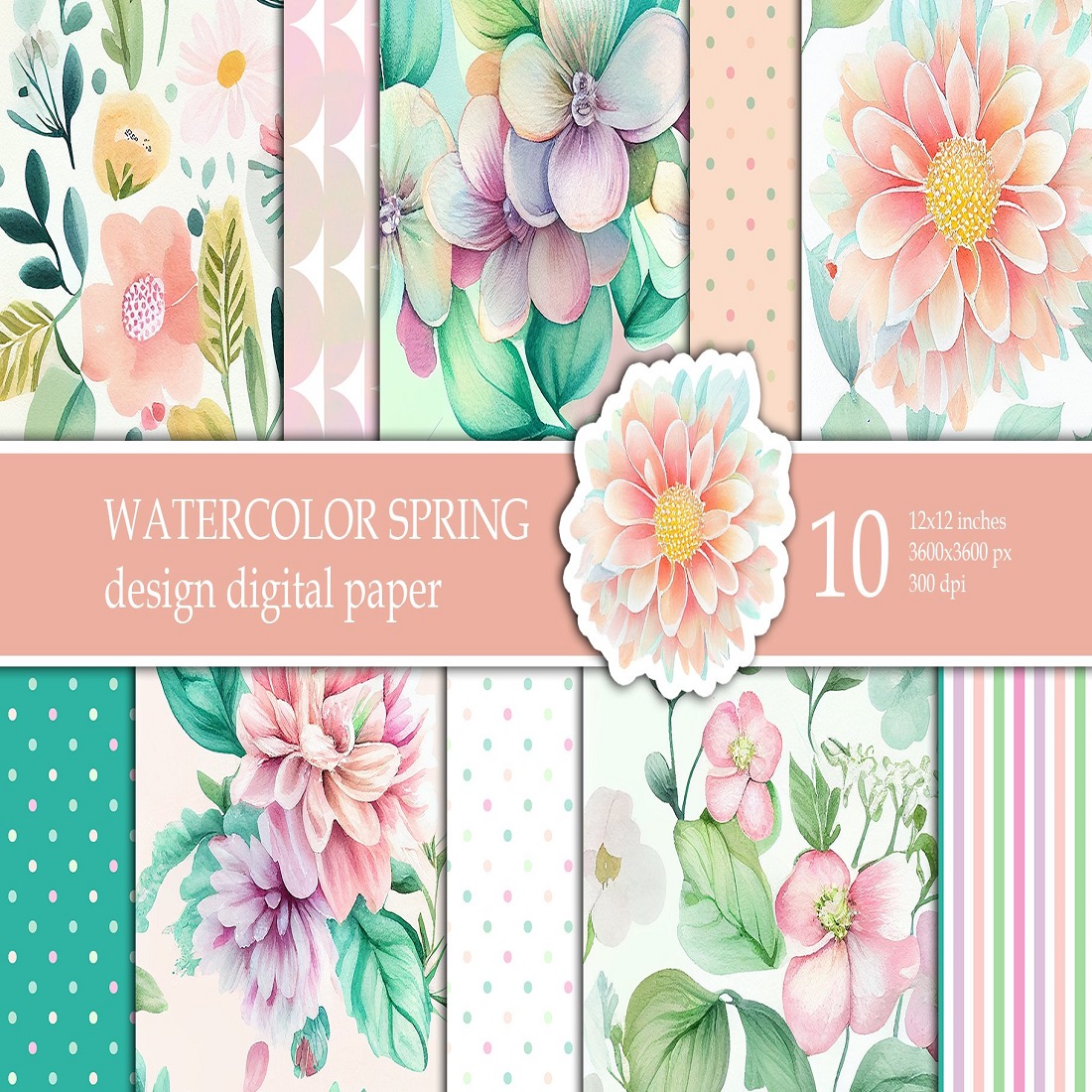 Watercolor Pastel Floral Digital Paper, Flowers background cover image.