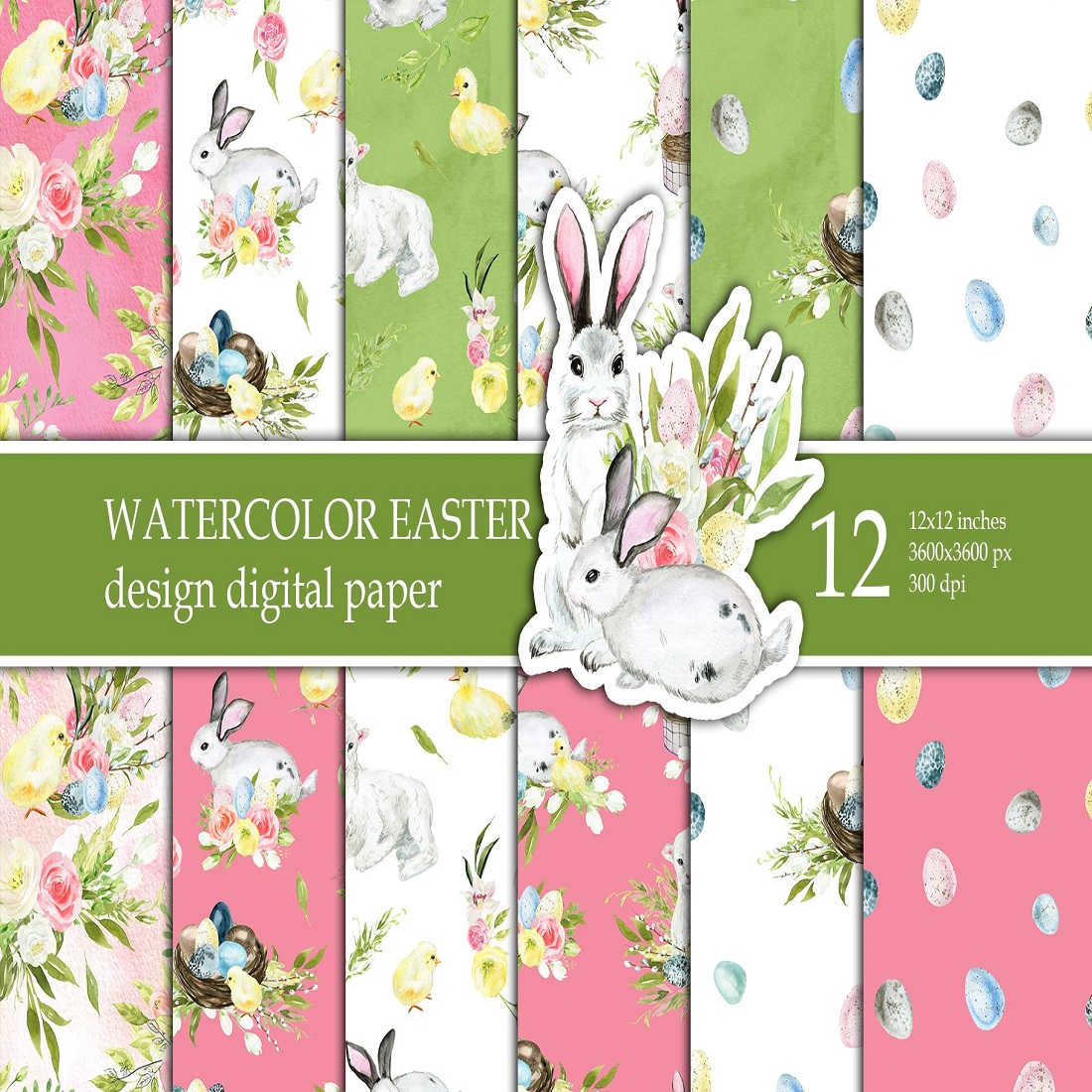 Watercolor Easter Floral Digital Paper Pack Seamless patter preview image.