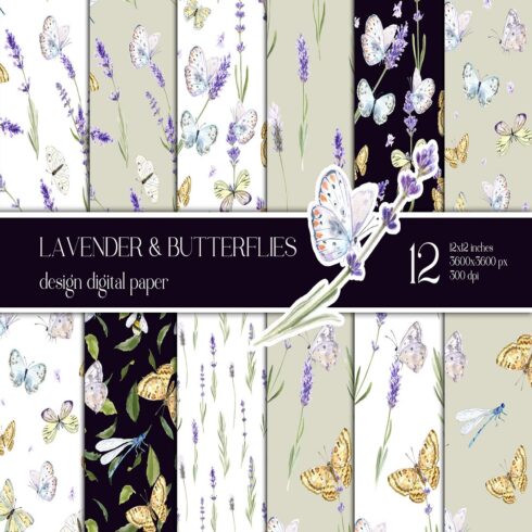 Watercolor Lavender, Butterflies Seamless pattern cover image.