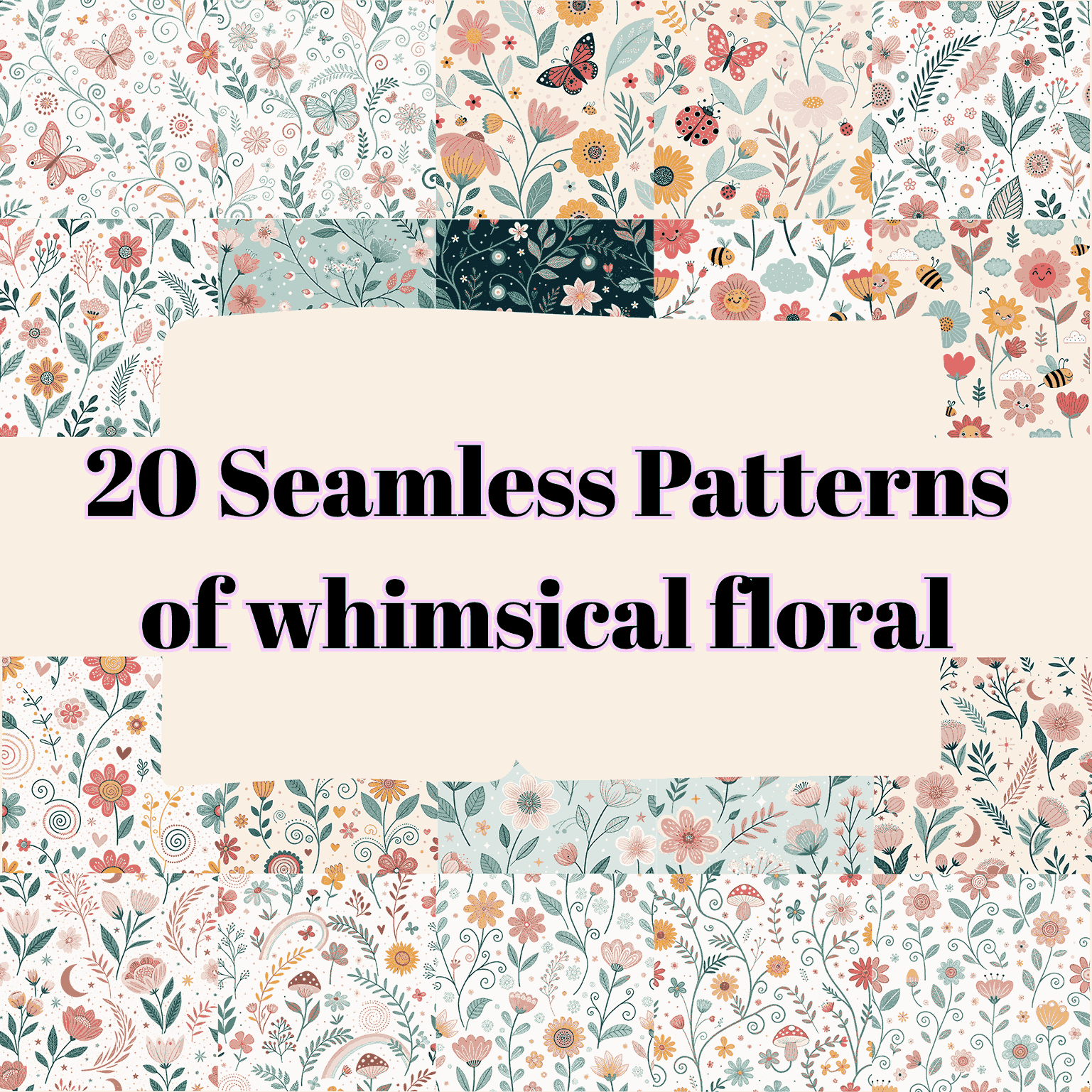 20 Seamless Patterns of Whimsical Floral, Playful & Dreamy Botanical Designs cover image.