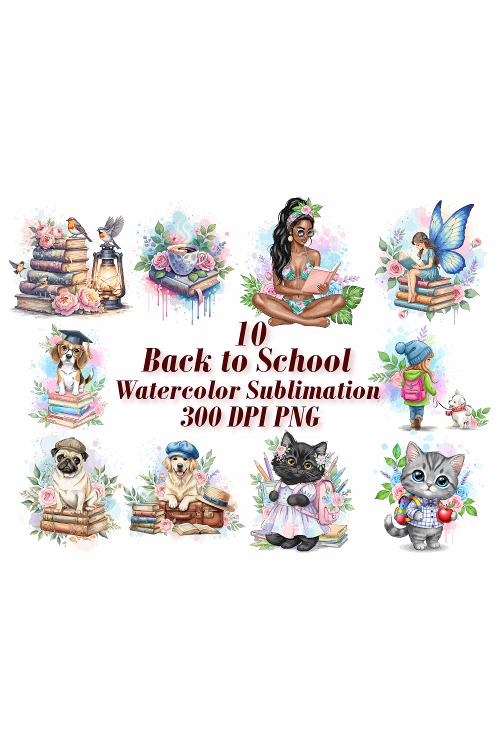 Whimsical School Watercolor Sublimation pinterest preview image.
