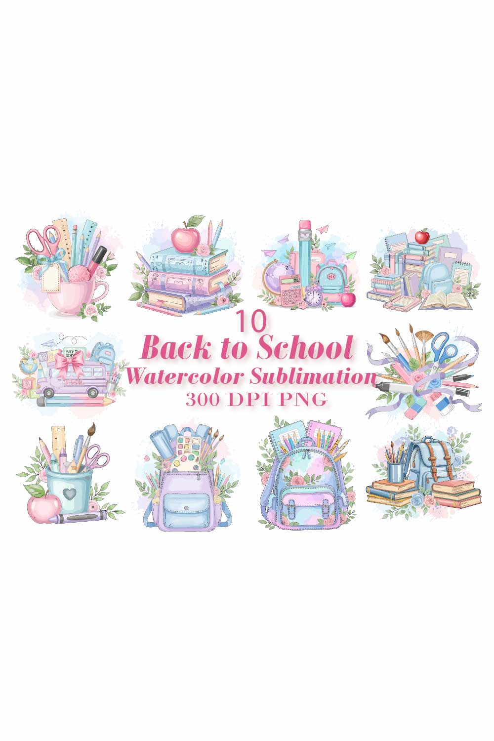 School Supplies Watercolor Sublimation pinterest preview image.