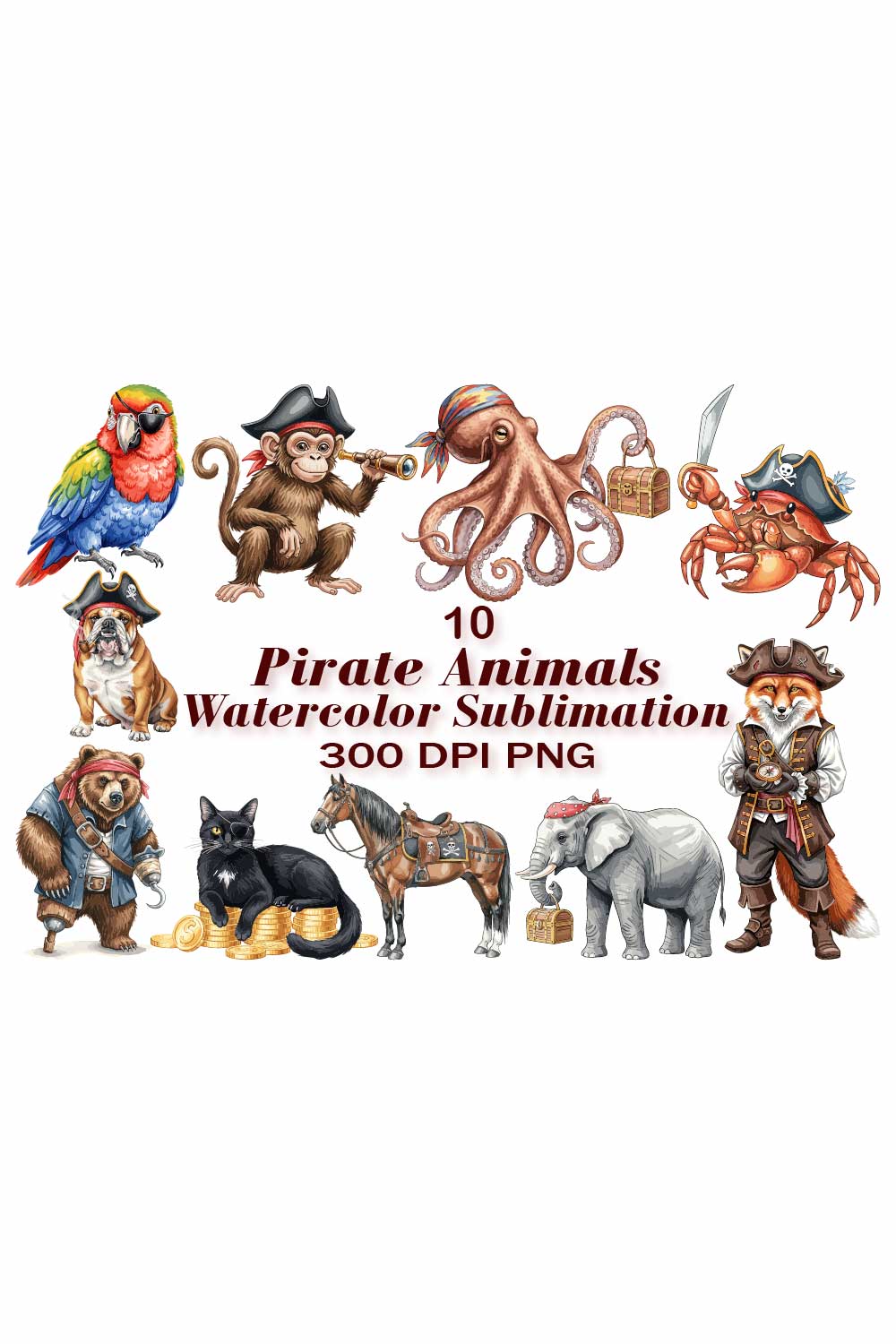 Pirate Animals Watercolor Sublimation pinterest preview image.