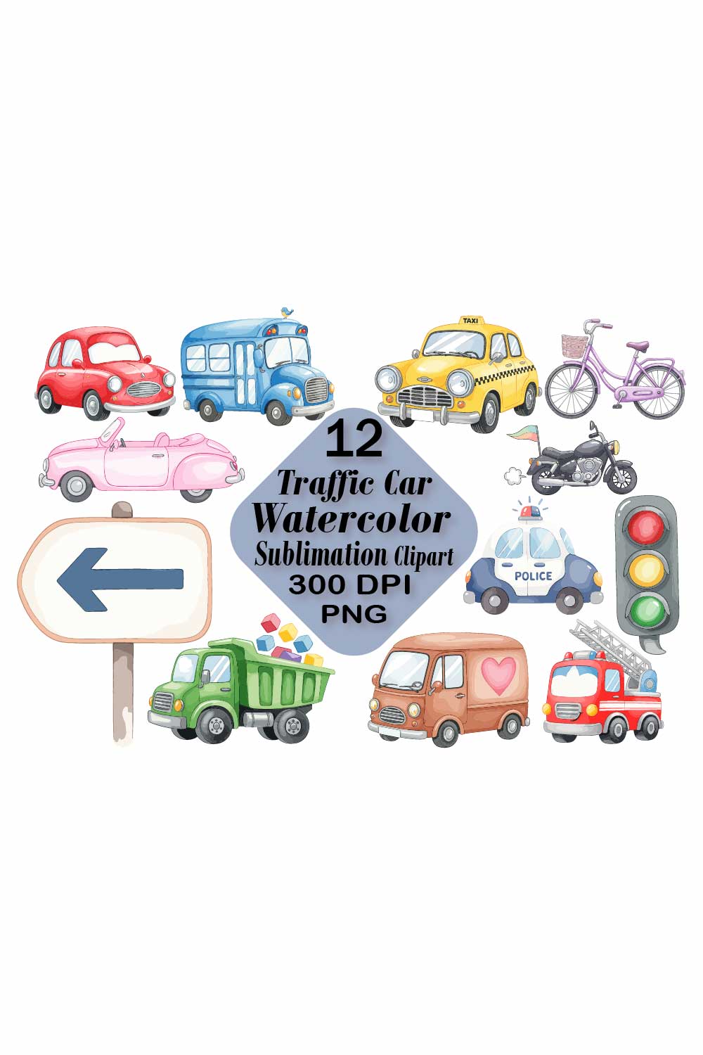 Traffic Car Watercolor Sublimation pinterest preview image.