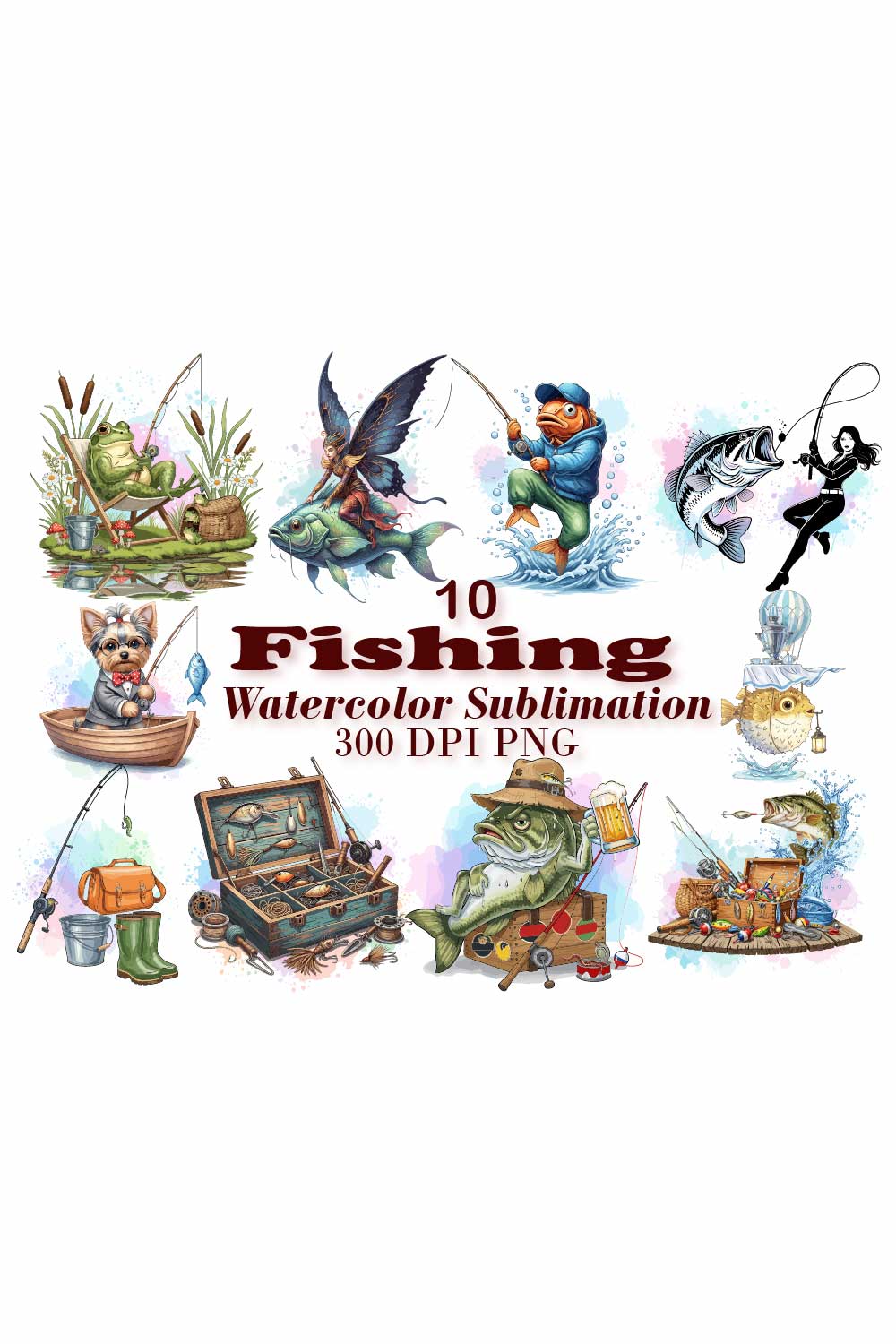 Fantasy Fishing Watercolor Sublimation pinterest preview image.