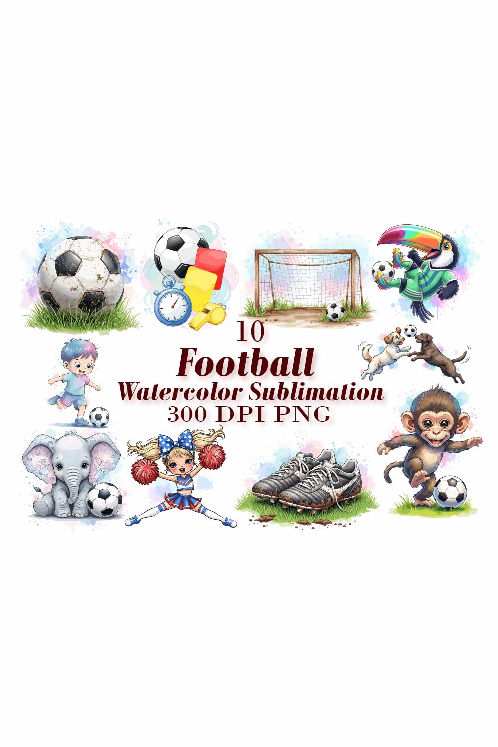 Cute Football Watercolor Sublimation pinterest preview image.