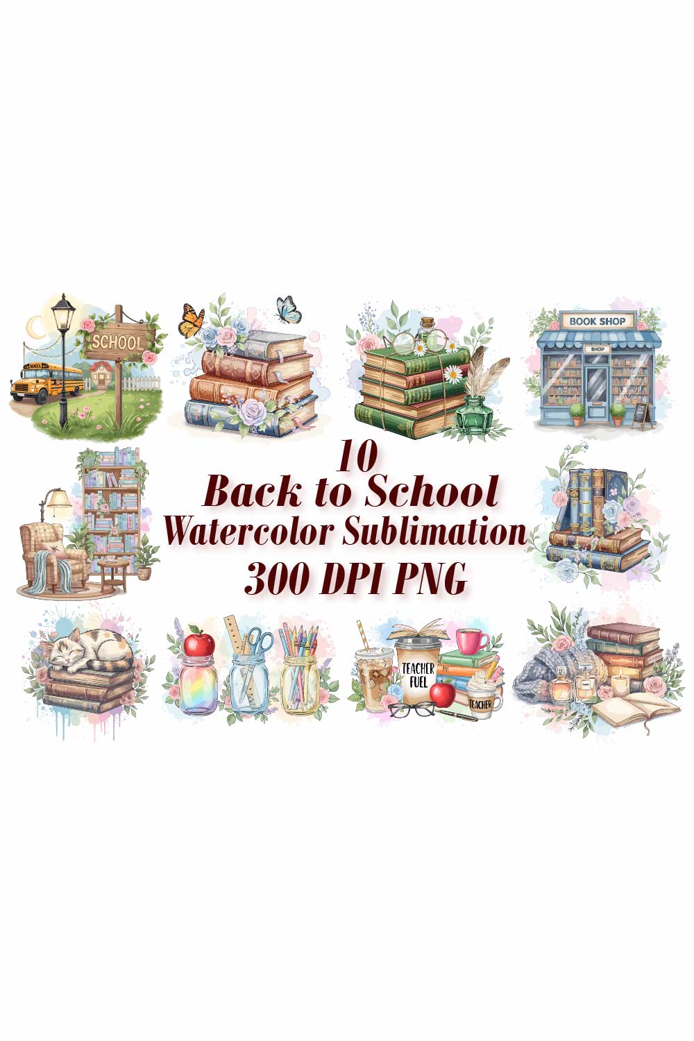 Book Lover's Watercolor Sublimation pinterest preview image.