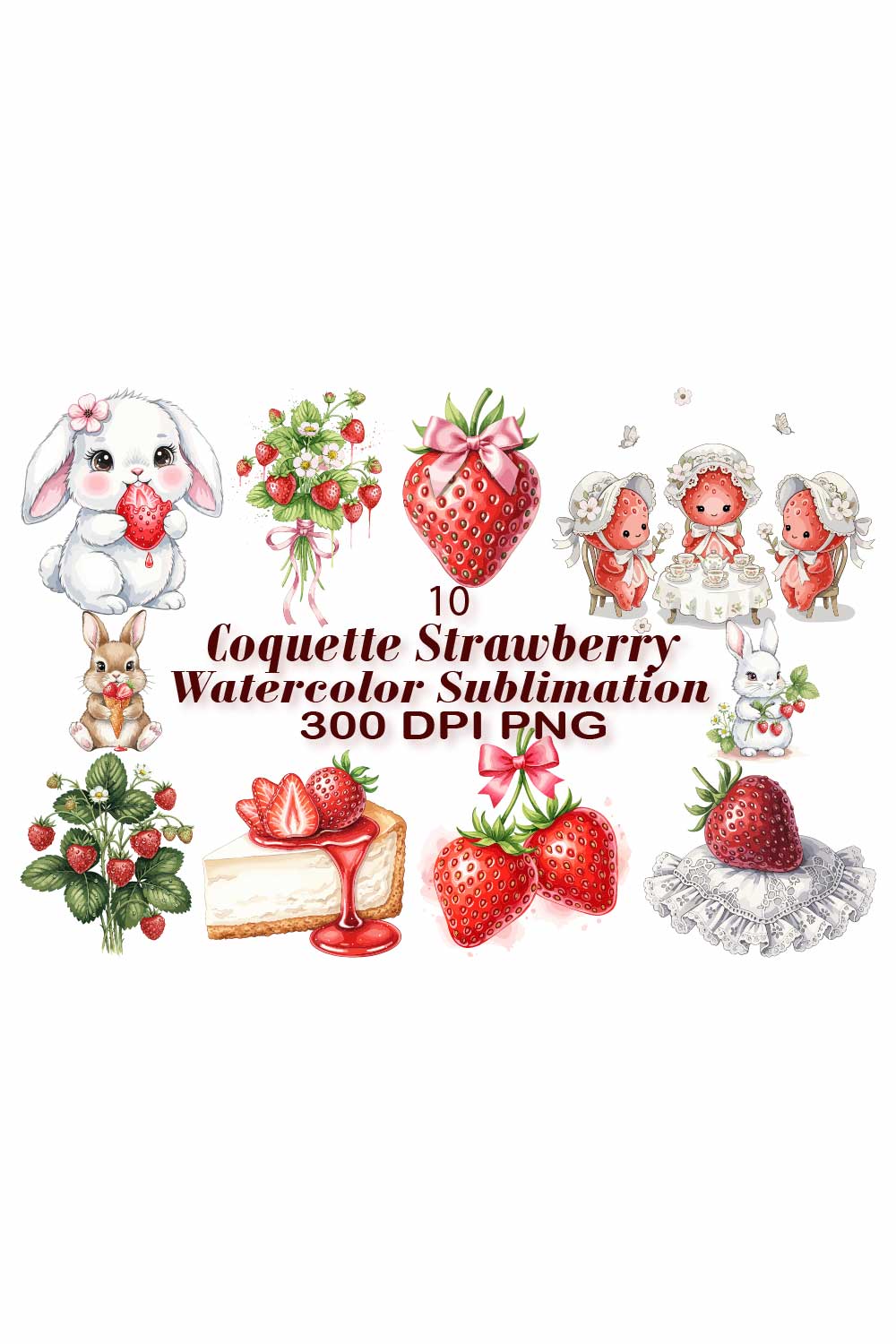 Coquette Strawberry Watercolor Sublimation pinterest preview image.
