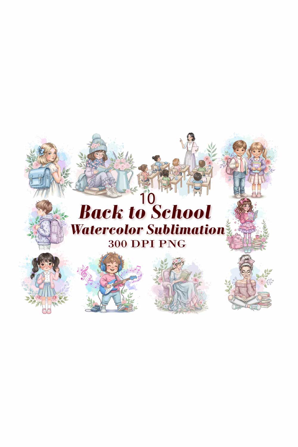 Back to School Watercolor Sublimation pinterest preview image.