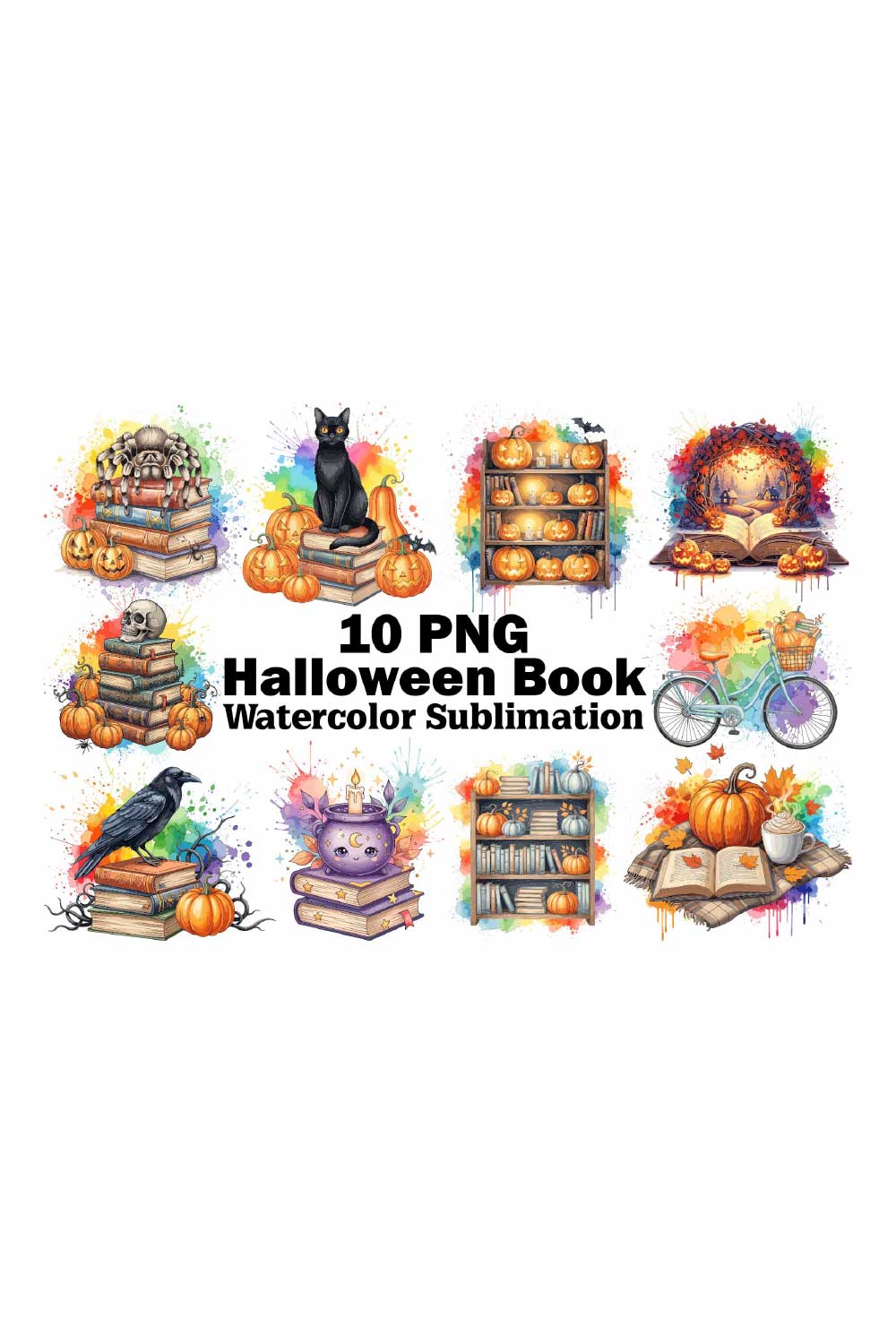 Halloween Book Watercolor Sublimation pinterest preview image.