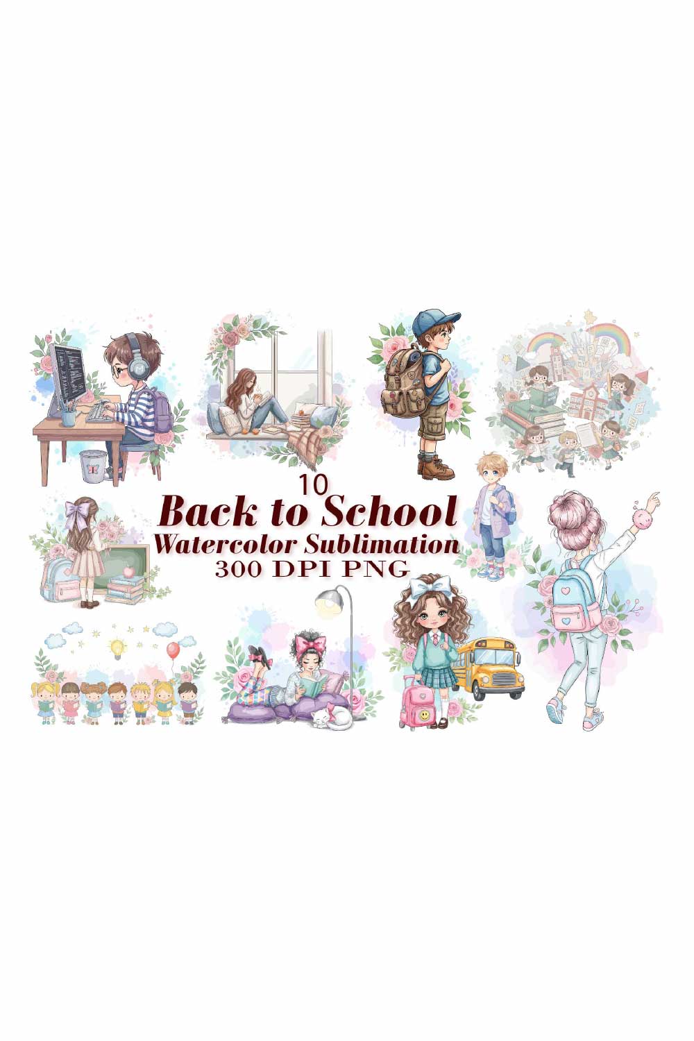 School Life Watercolor Sublimation pinterest preview image.