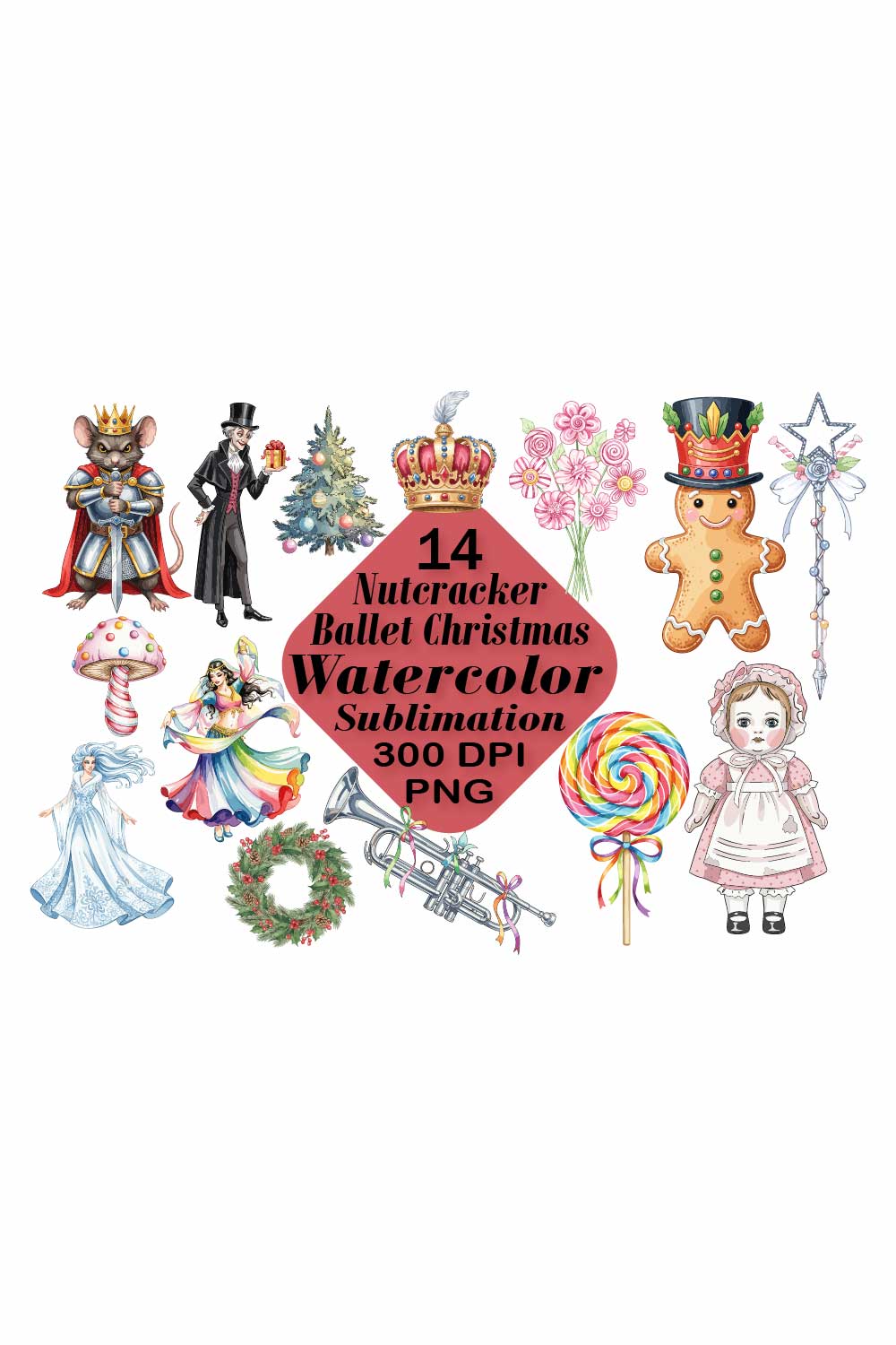 Nutcracker Ballet Christmas Watercolor Sublimation pinterest preview image.