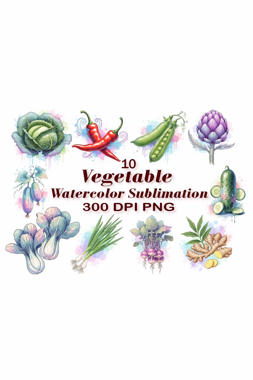 Vegetable Watercolor Sublimation Art pinterest preview image.