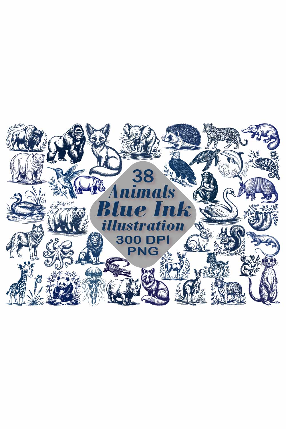 Animals Blue Ink Illustrations PNG pinterest preview image.