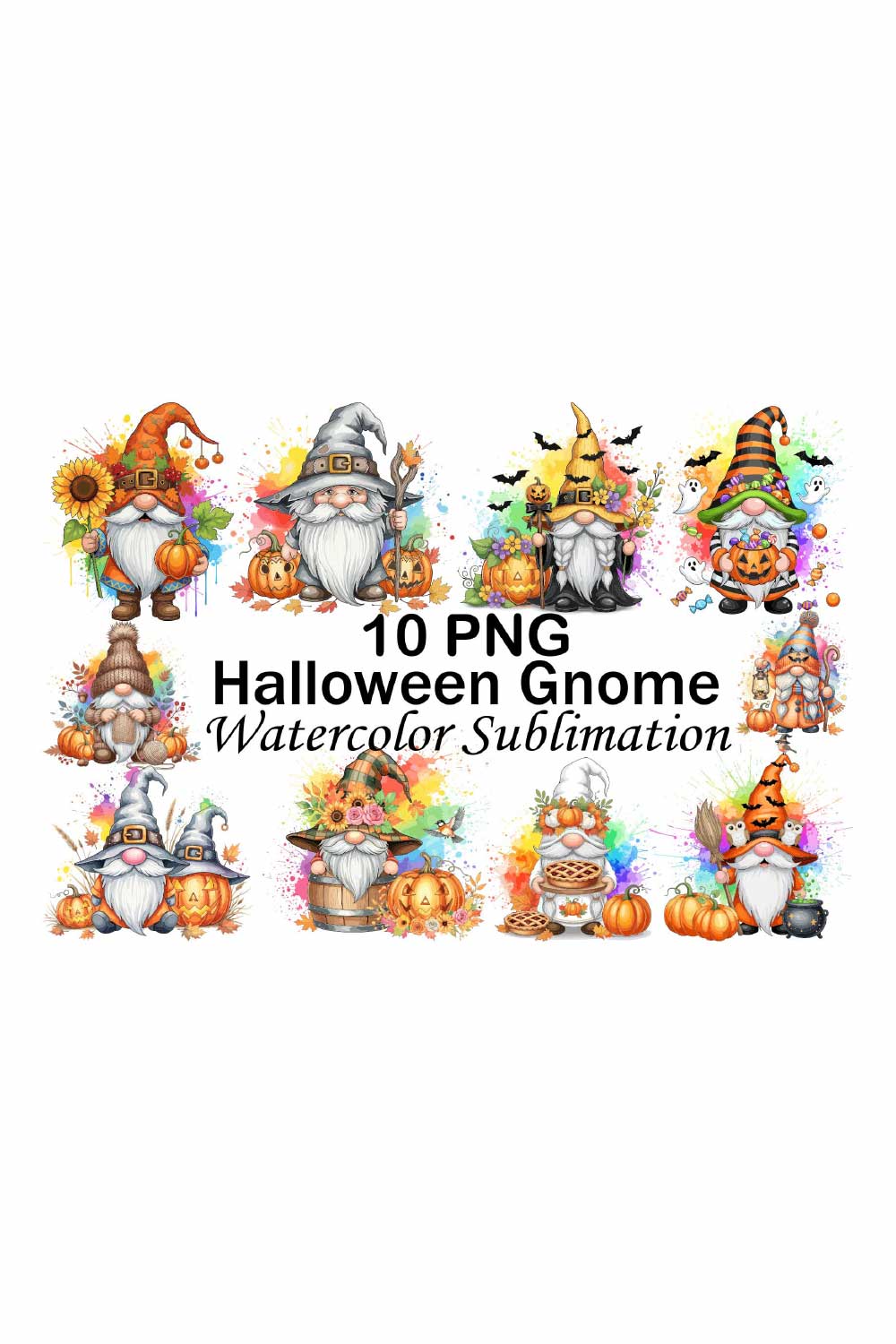 Halloween Gnome Watercolor Sublimation pinterest preview image.
