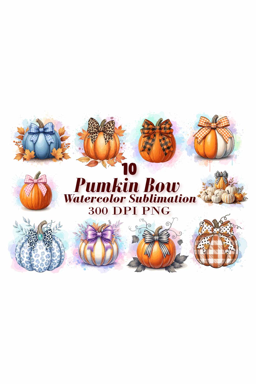 Pumpkin Bow Watercolor Sublimation pinterest preview image.