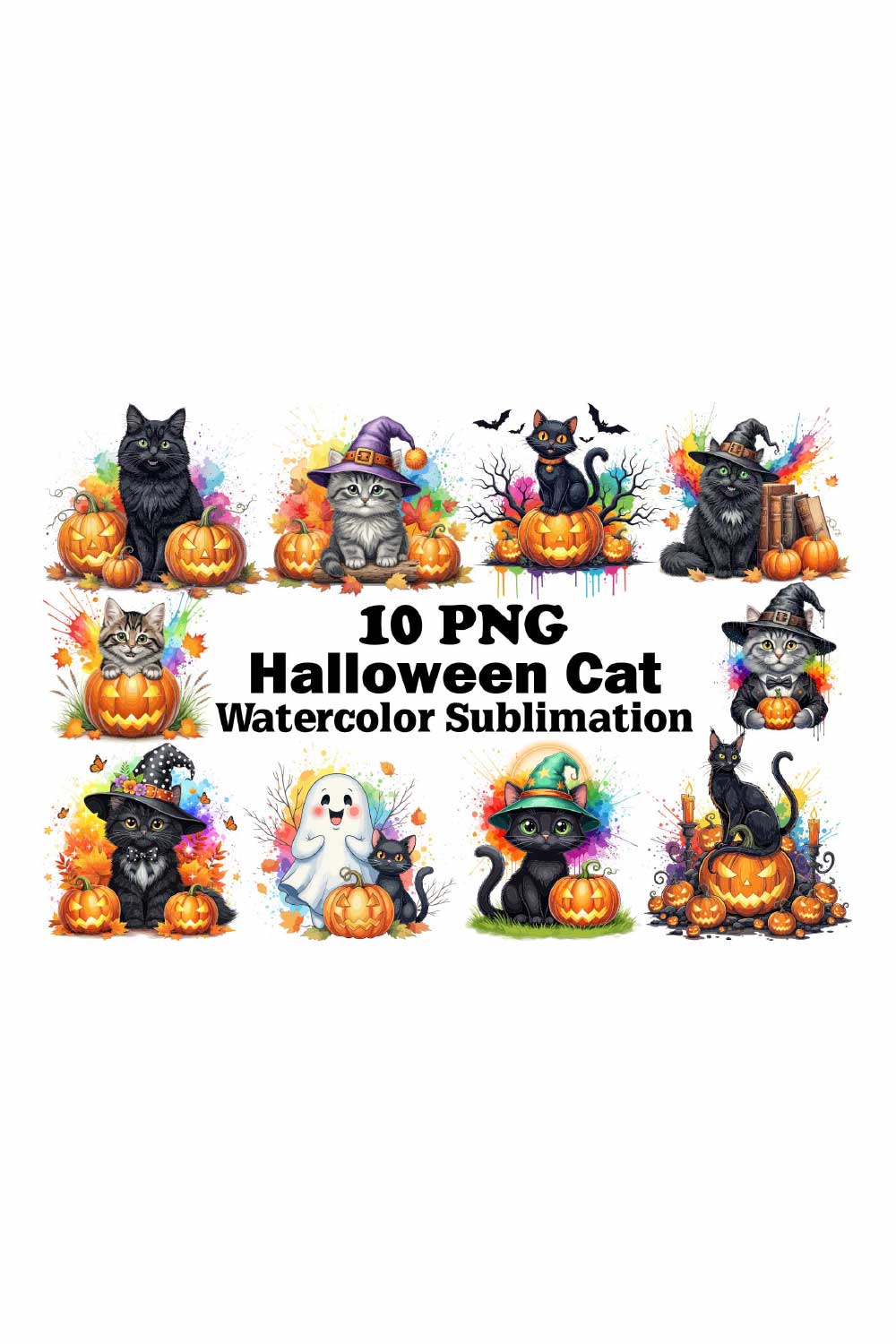 Halloween Cat Watercolor Sublimation pinterest preview image.