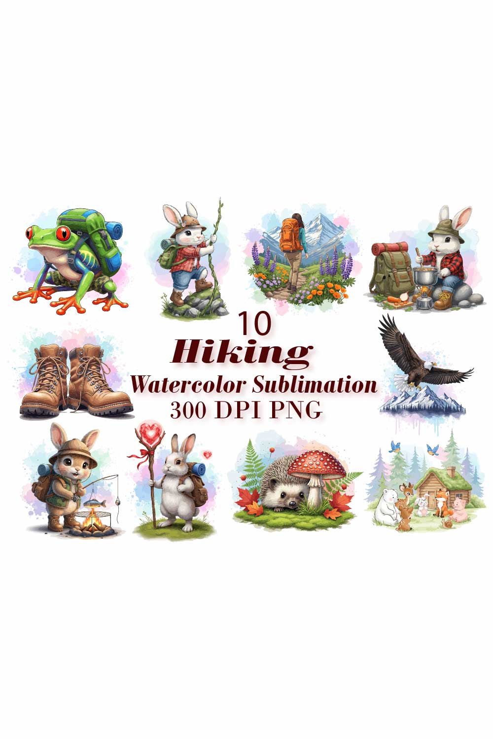 Woodland Hiking Watercolor Sublimation pinterest preview image.
