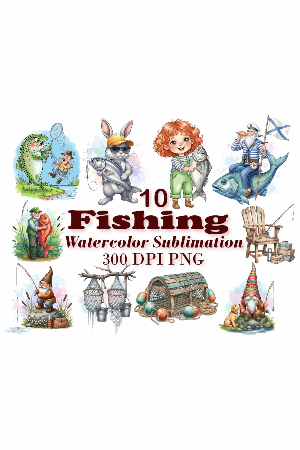 Cute Fishing Watercolor Sublimation pinterest preview image.
