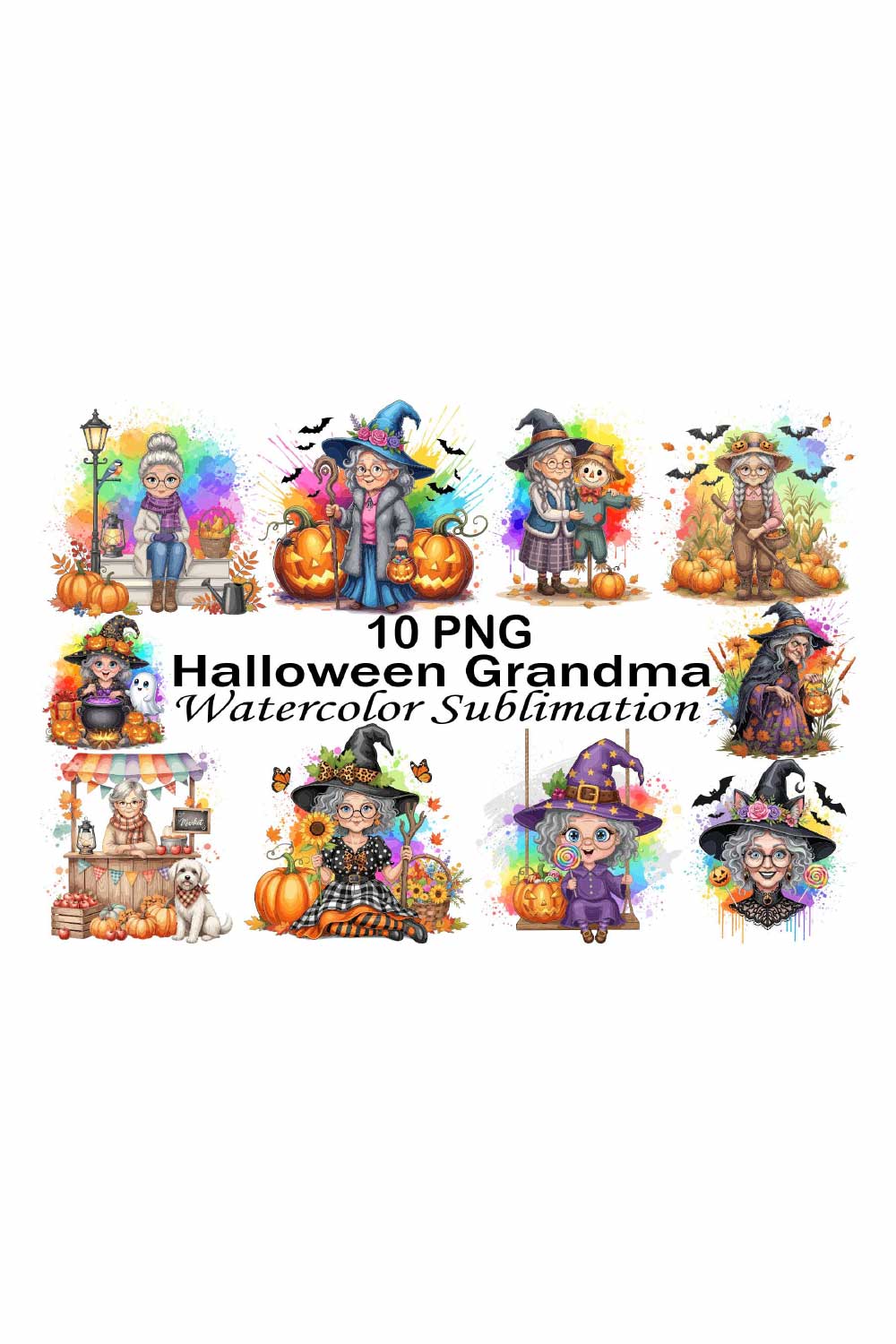 Halloween Grandma Watercolor Sublimation pinterest preview image.