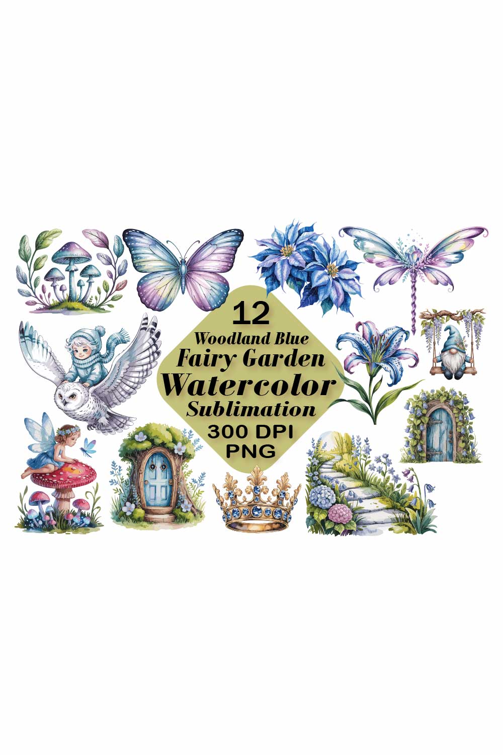 Woodland Fairy Garden Watercolor Sublimation pinterest preview image.
