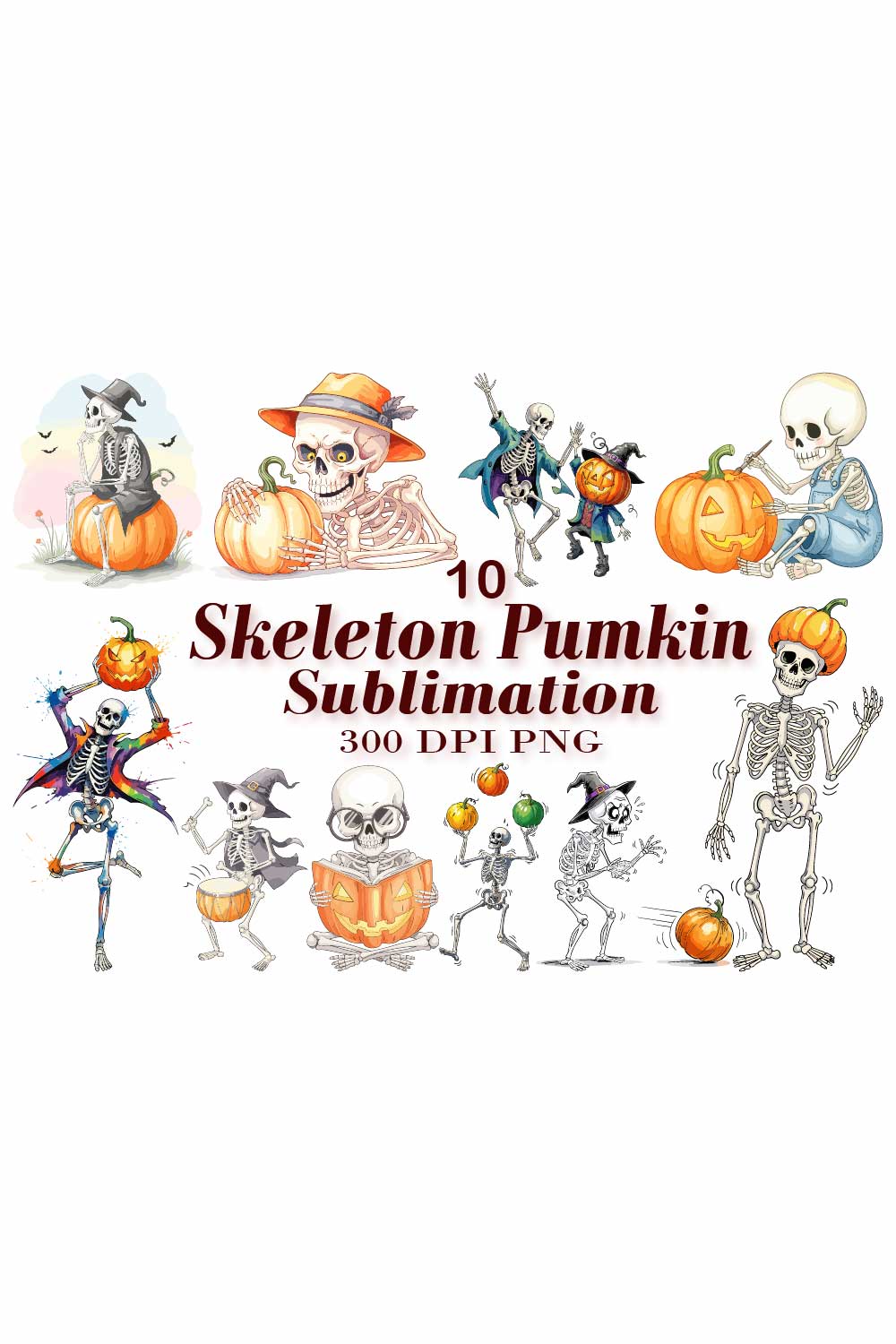 Skeleton Pumpkin Watercolor Sublimation pinterest preview image.