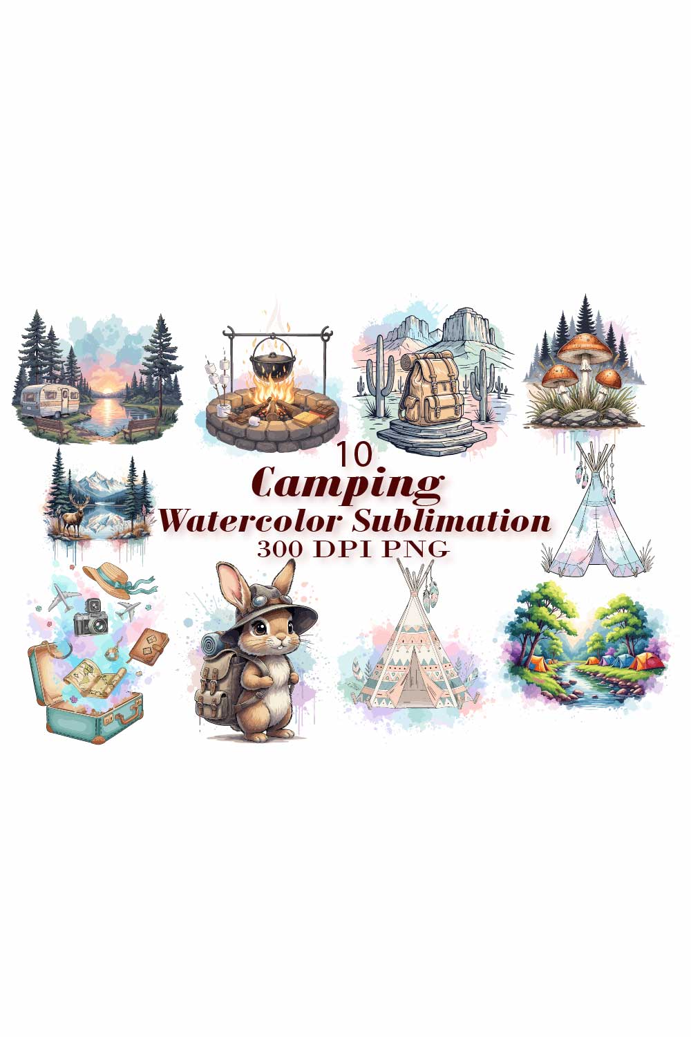 Watercolor Sublimation Camping Bundle pinterest preview image.
