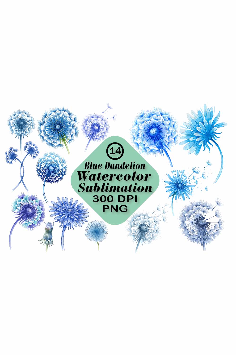 Blue Dandelion Watercolor Sublimation pinterest preview image.