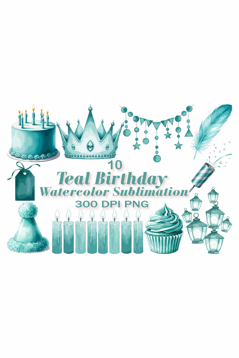 Teal Birthday Watercolor Sublimation pinterest preview image.