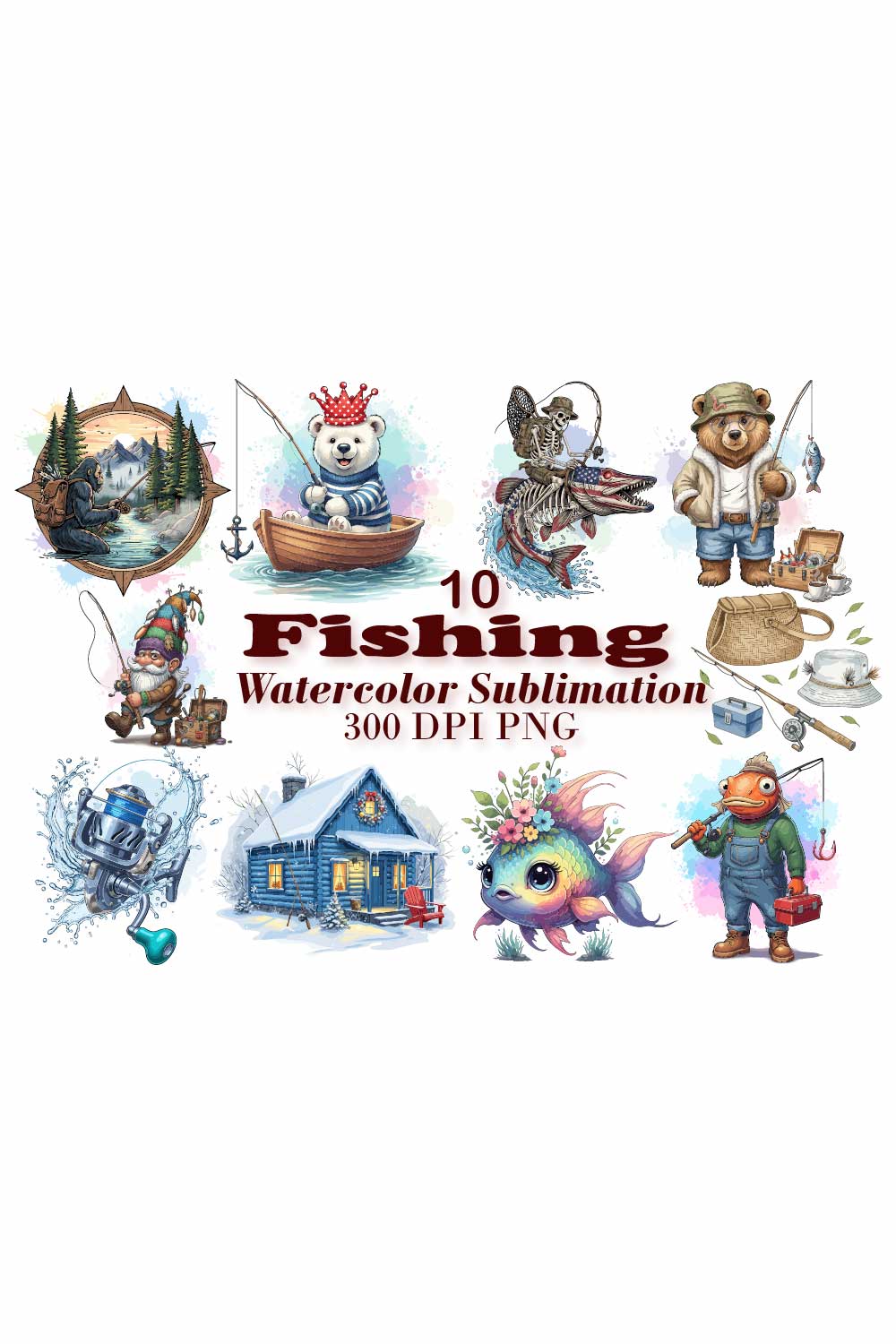 Whimsical Fishing Watercolor Sublimation pinterest preview image.
