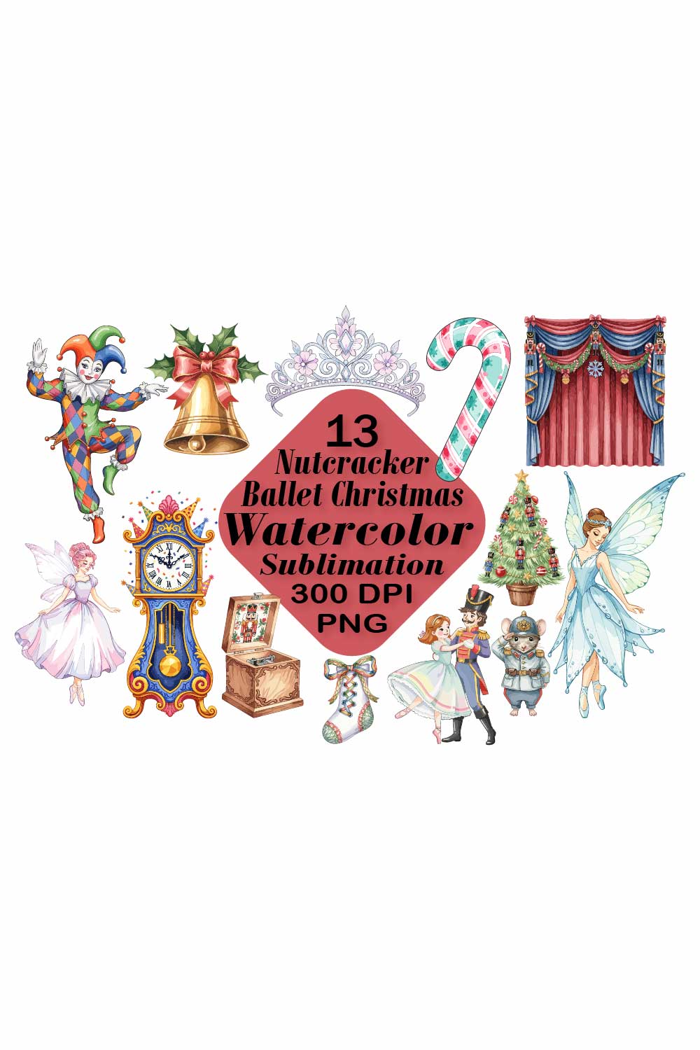Nutcracker Ballet Watercolor Sublimation pinterest preview image.