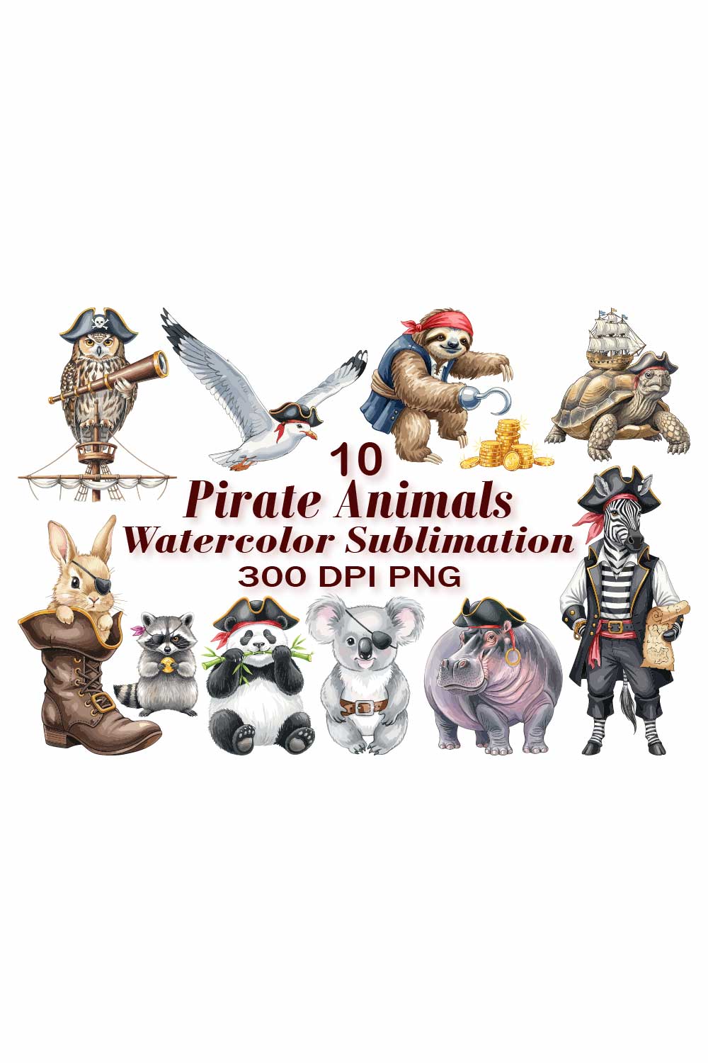 Pirate Animals Sublimation PNG pinterest preview image.