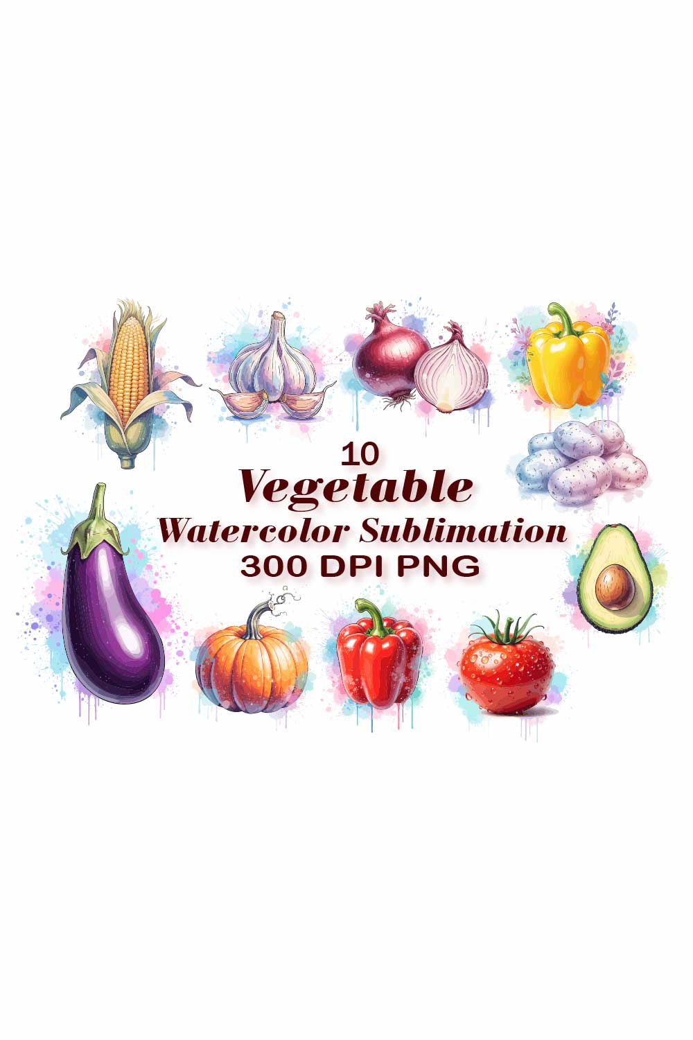Vegetable Watercolor Sublimation Designs pinterest preview image.