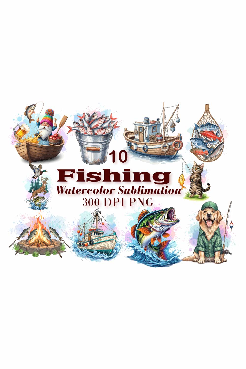 Fishing Watercolor Sublimation pinterest preview image.