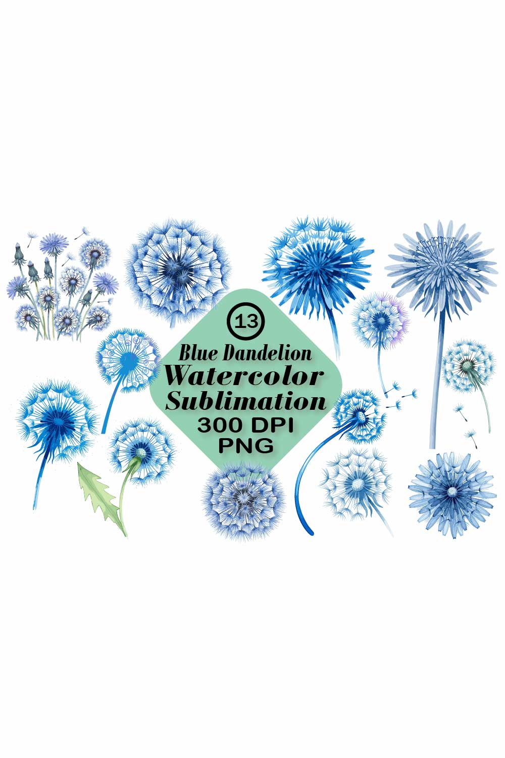 Blue Dandelion Watercolor PNG Set pinterest preview image.
