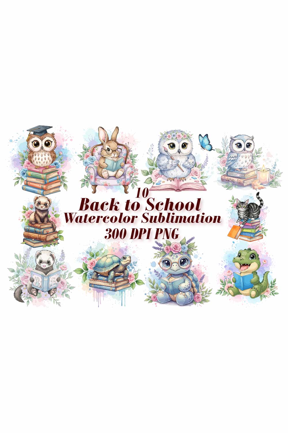 Reading Animals Watercolor Sublimation pinterest preview image.