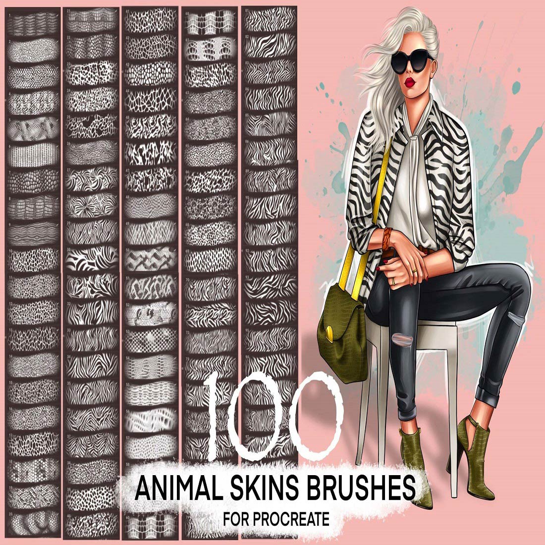 Animal print Procreate 100 brush set cover image.