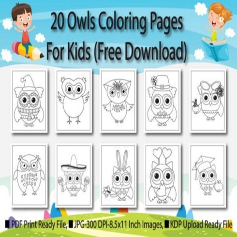 20 Owls Coloring Book Pages for Kids cover image.