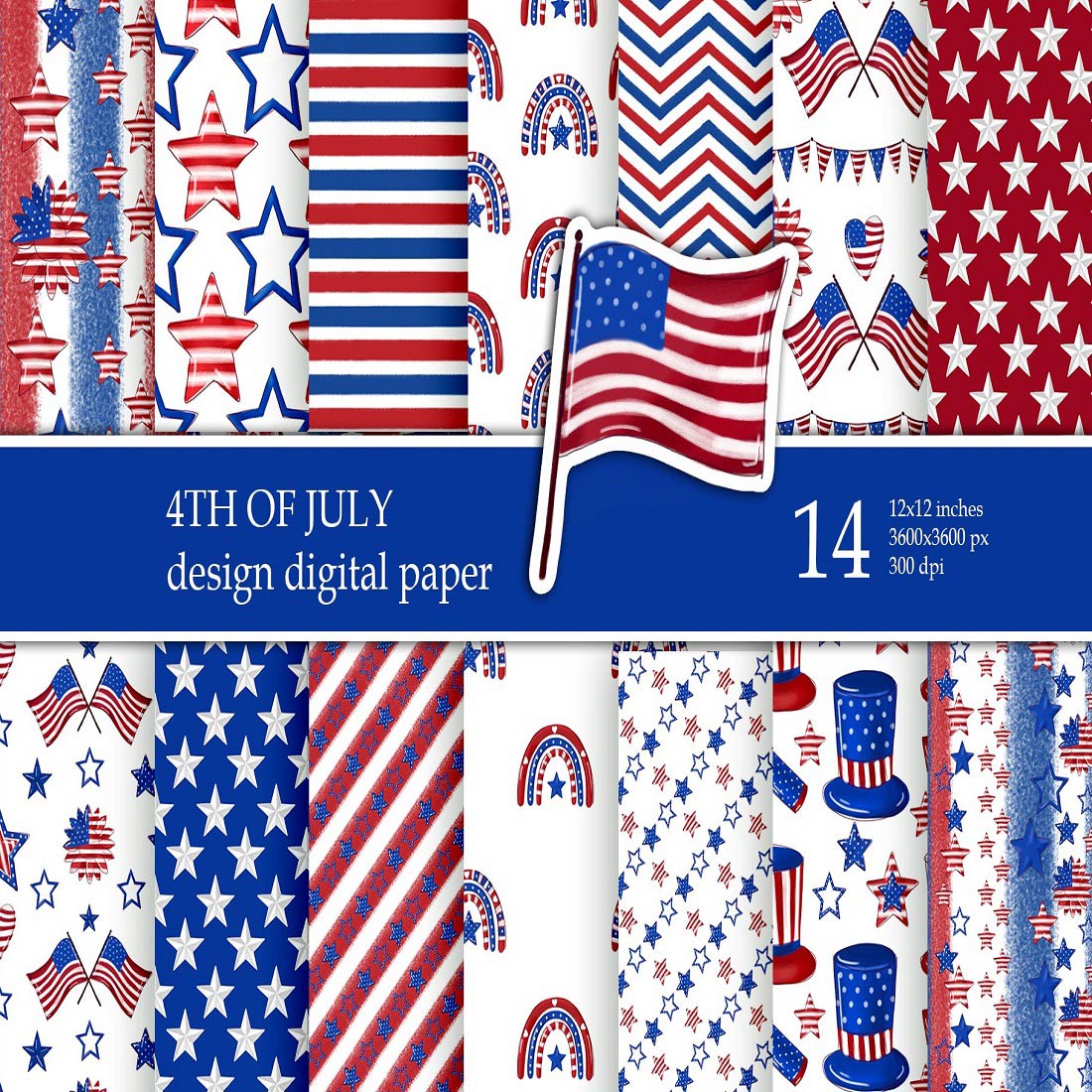 4th of July America Patriotic Digital Paper Pack preview image.