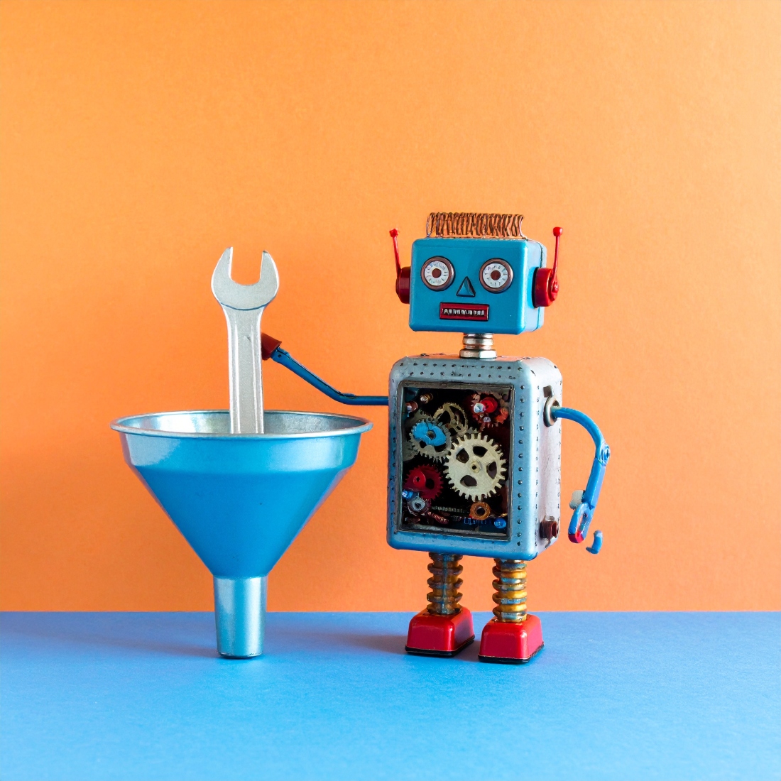 Creative Robot Toy Design with Metal Funnel, Cogs, and Gears – Silver Metallic Style preview image.