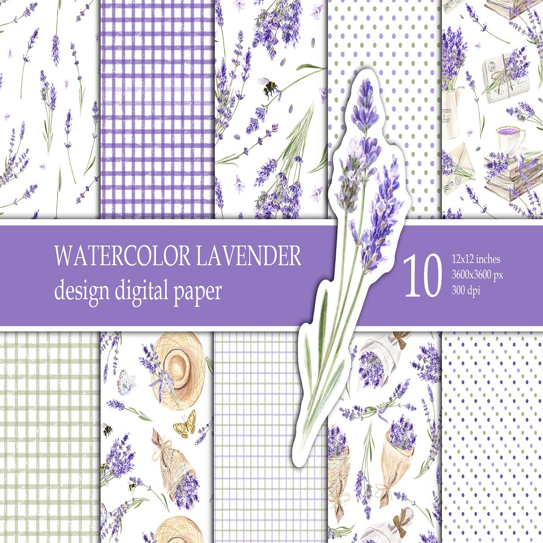 Watercolor Lavender Seamless pattern Digital paper pack preview image.