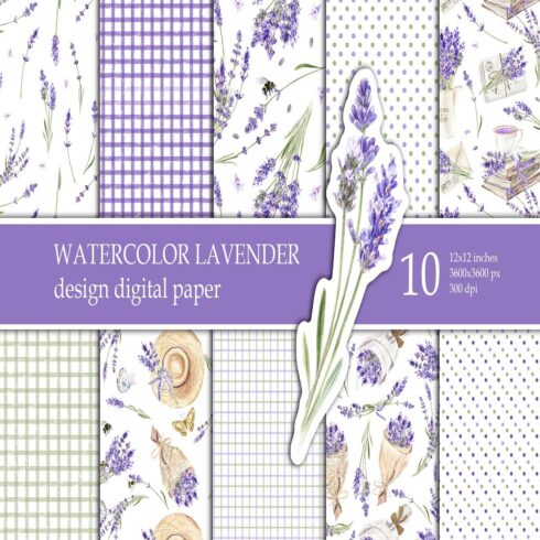 Watercolor Lavender Seamless pattern Digital paper pack cover image.