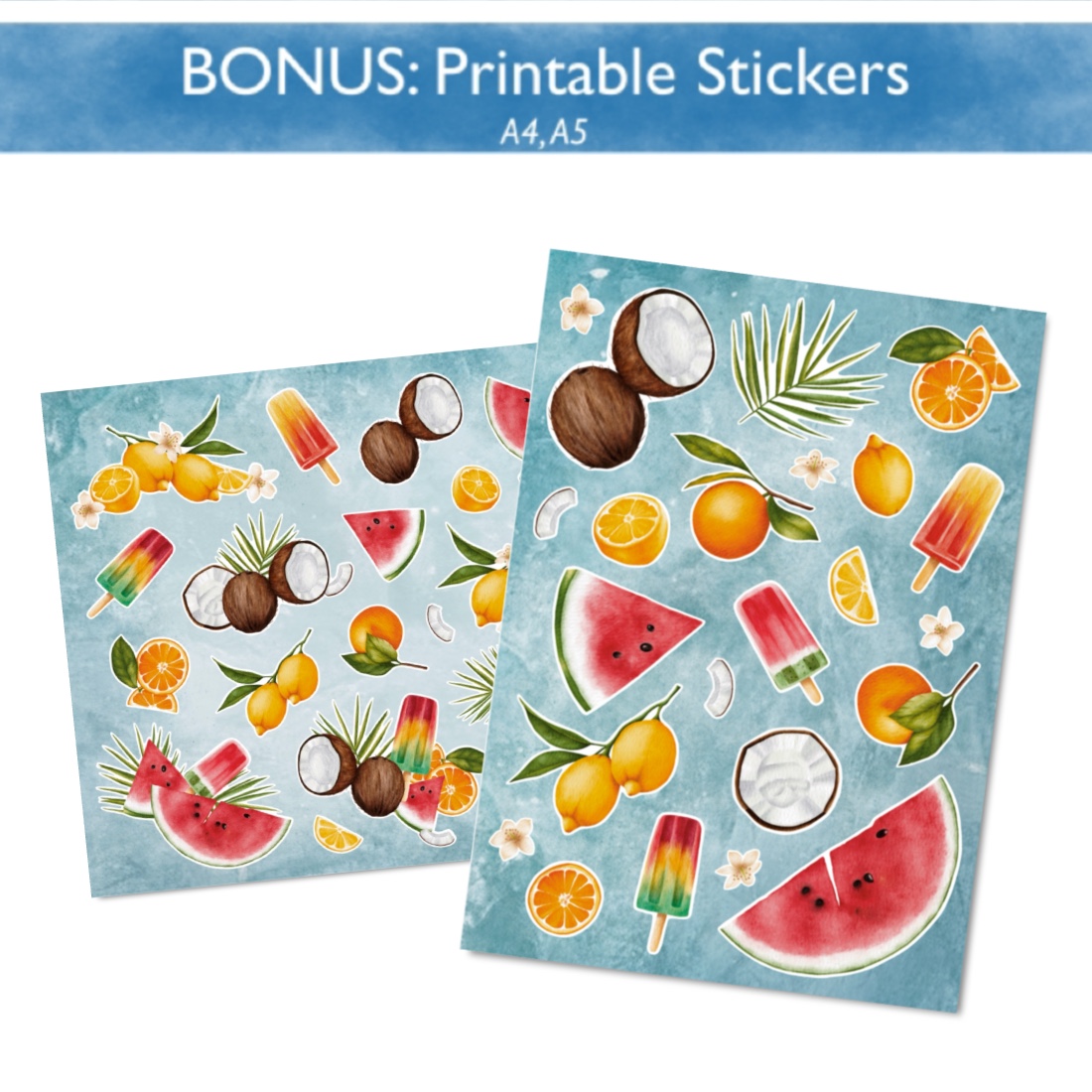 Tropical Summer Watercolor Collection - patterns, mockups, cliparts, stickers preview image.