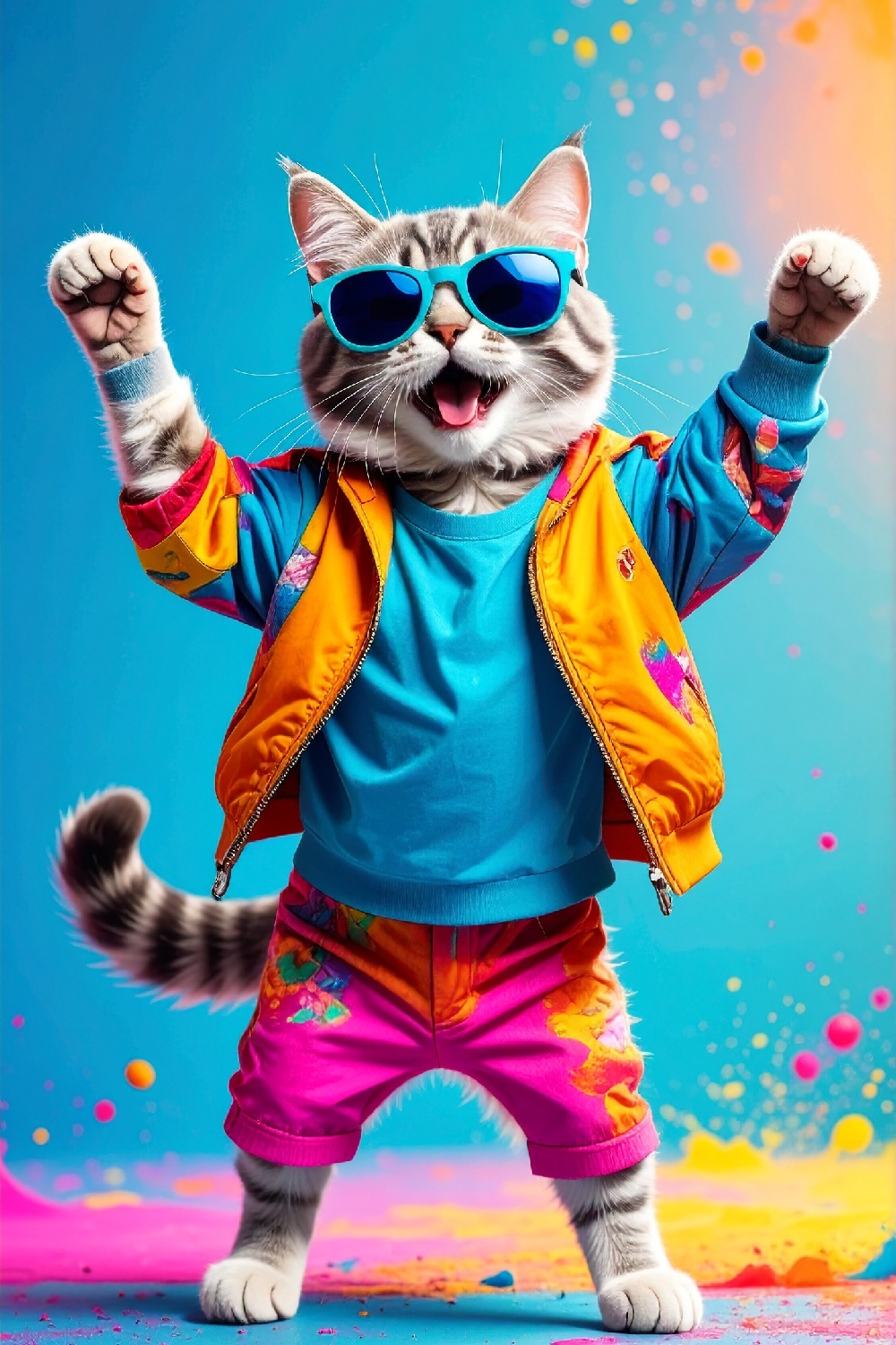 Groovy Dancing Cat in Colorful Clothes and Sunglasses – Playful Digital Illustration pinterest preview image.