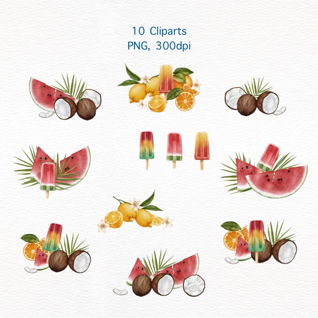 Tropical Summer Brush & Stamp Set for Procreate – Watercolor Clip Art ...
