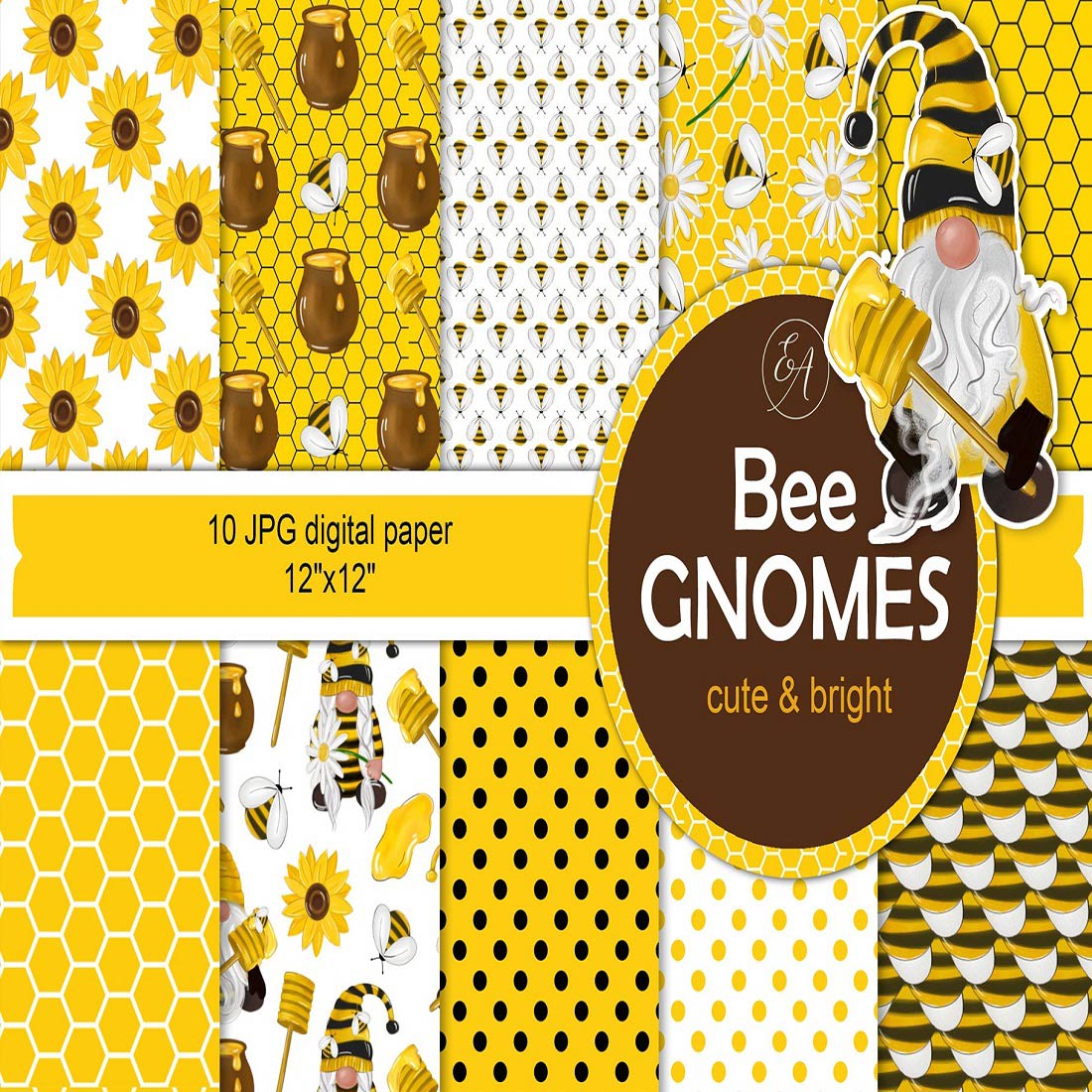 Bee digital paper Honey Bumble bee gnomes pattern cover image.