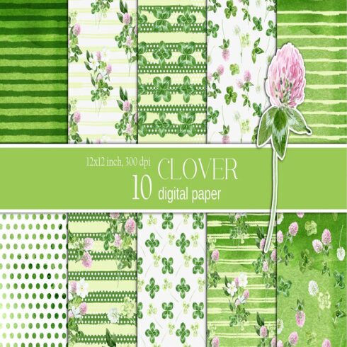 Watercolor St Patrick's day digital paper Shamrock paper cover image.