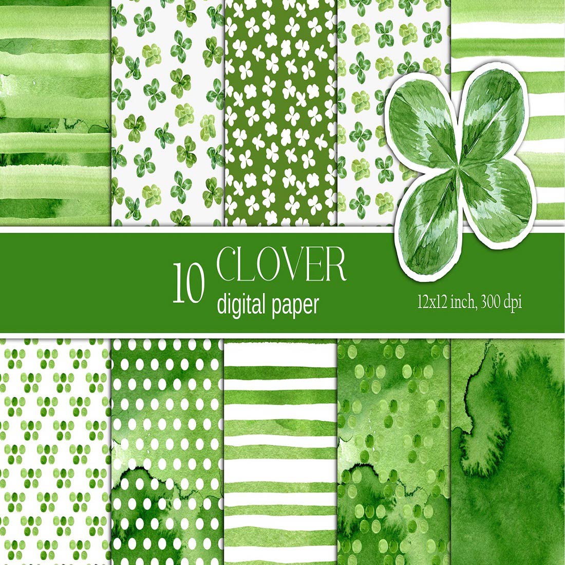 Watercolor St Patrick's day digital paper Shamrock paper cover image.