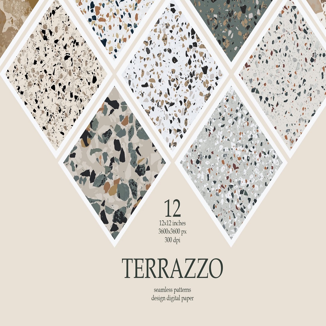 12 Terrazzo Seamless Patterns Digital paper pack cover image.