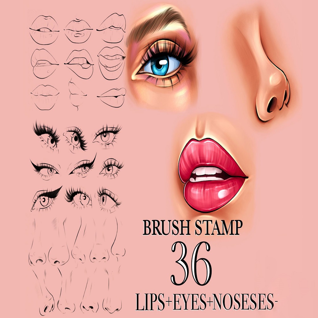 Procreate Nose lips eyes brushes preview image.
